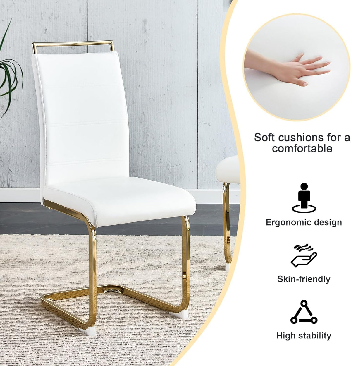 Dining Chairs Set 4, Armless White Kitchen Chairs, Waterproof Faux Leather Dinner Chairs with Upholstered Seat, Side Chairs with Black Metal Frame for Kitchen Dining Room