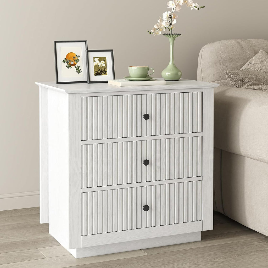 24" Wide Nightstand with Charging Station, Modern Fluted Bedroom Nightstand with Drawers, Wood Night Stand with Storage and Outlet, Large Bedside Table for Bedroom, White