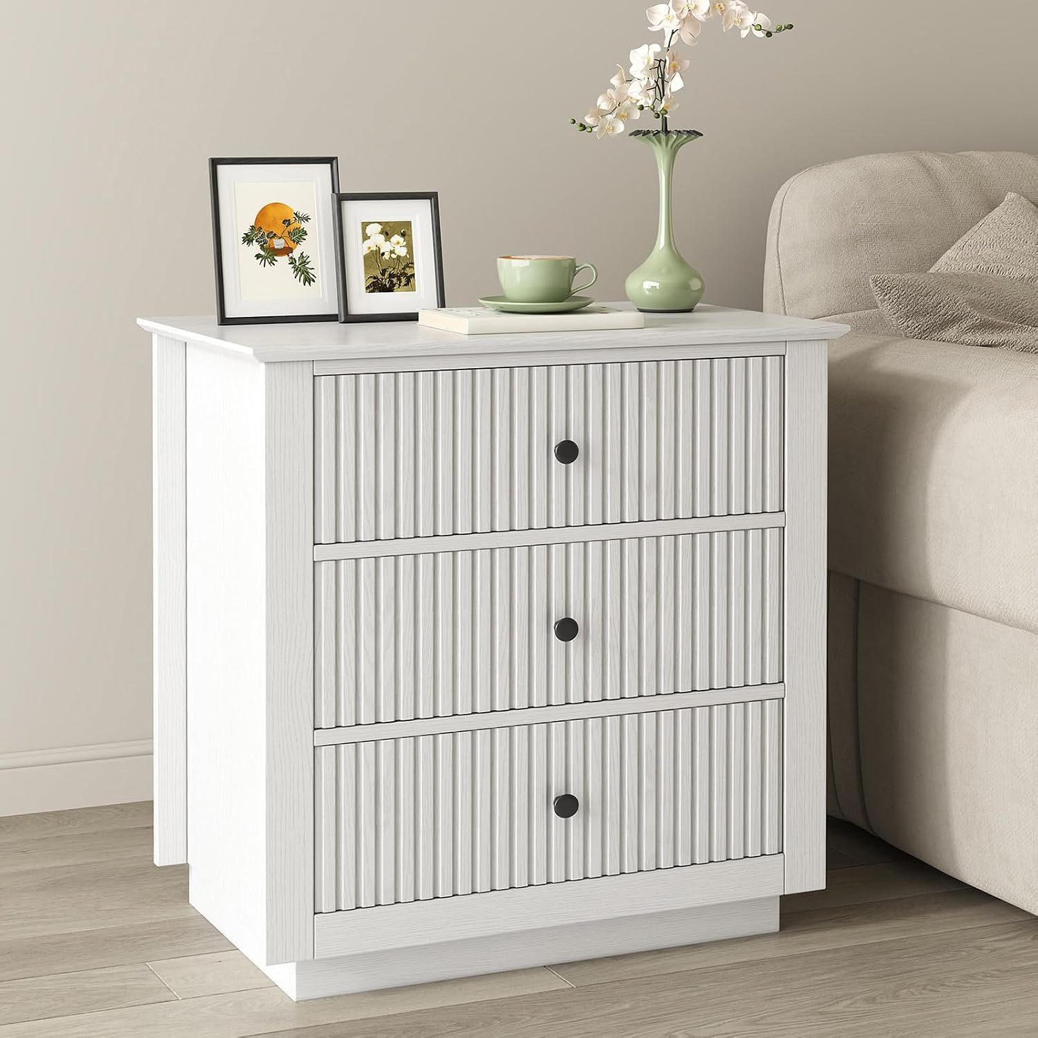 24" Wide Nightstand with Charging Station, Modern Fluted Bedroom Nightstand with Drawers, Wood Night Stand with Storage and Outlet, Large Bedside Table for Bedroom, White