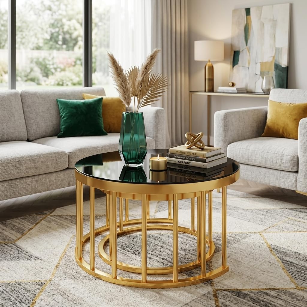 Round Nesting Coffee Table Set of 2 with Gold Frame & Mirrored Top, Black | Modern Circular Cocktail Tables with Tempered Glass, Space-Saving for Living Room & Apartment