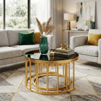 Round Nesting Coffee Table Set of 2 with Gold Frame & Mirrored Top, Black | Modern Circular Cocktail Tables with Tempered Glass, Space-Saving for Living Room & Apartment