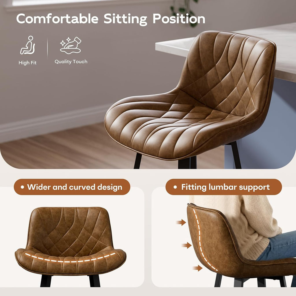 26" Brown Counter Height Bar Stools Set of 4, for Kitchen Island | Curved Seat with Back, Diamond Quilted Vintage Leather, 350lbs Stable Metal legs with Footrest & Anti-slip Mat, Easy Assembly