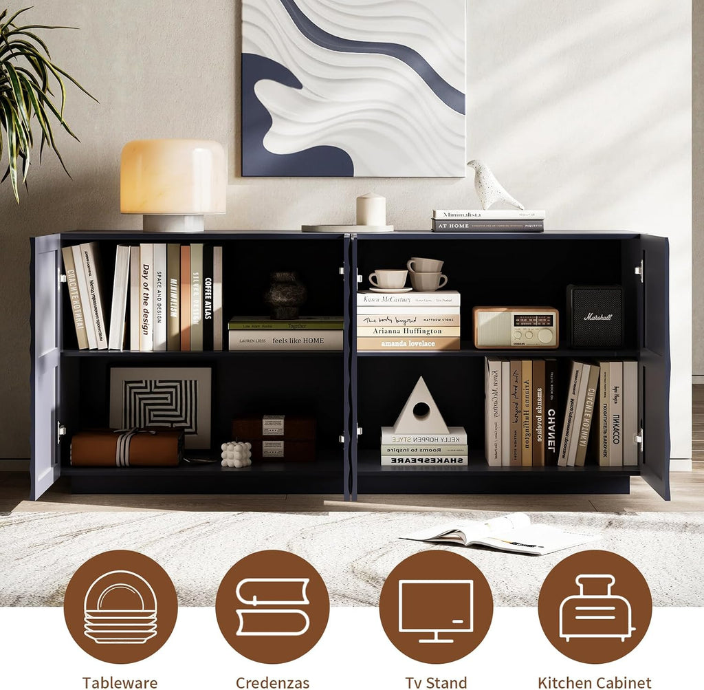 4 Door Modern Sideboard Buffet Cabinet with Spiral Grain, Accent Storage Sideboard Freestanding Anti-Dumping Storage Cabinet Buffet for Kitchen & Living Room (Navy Blue)