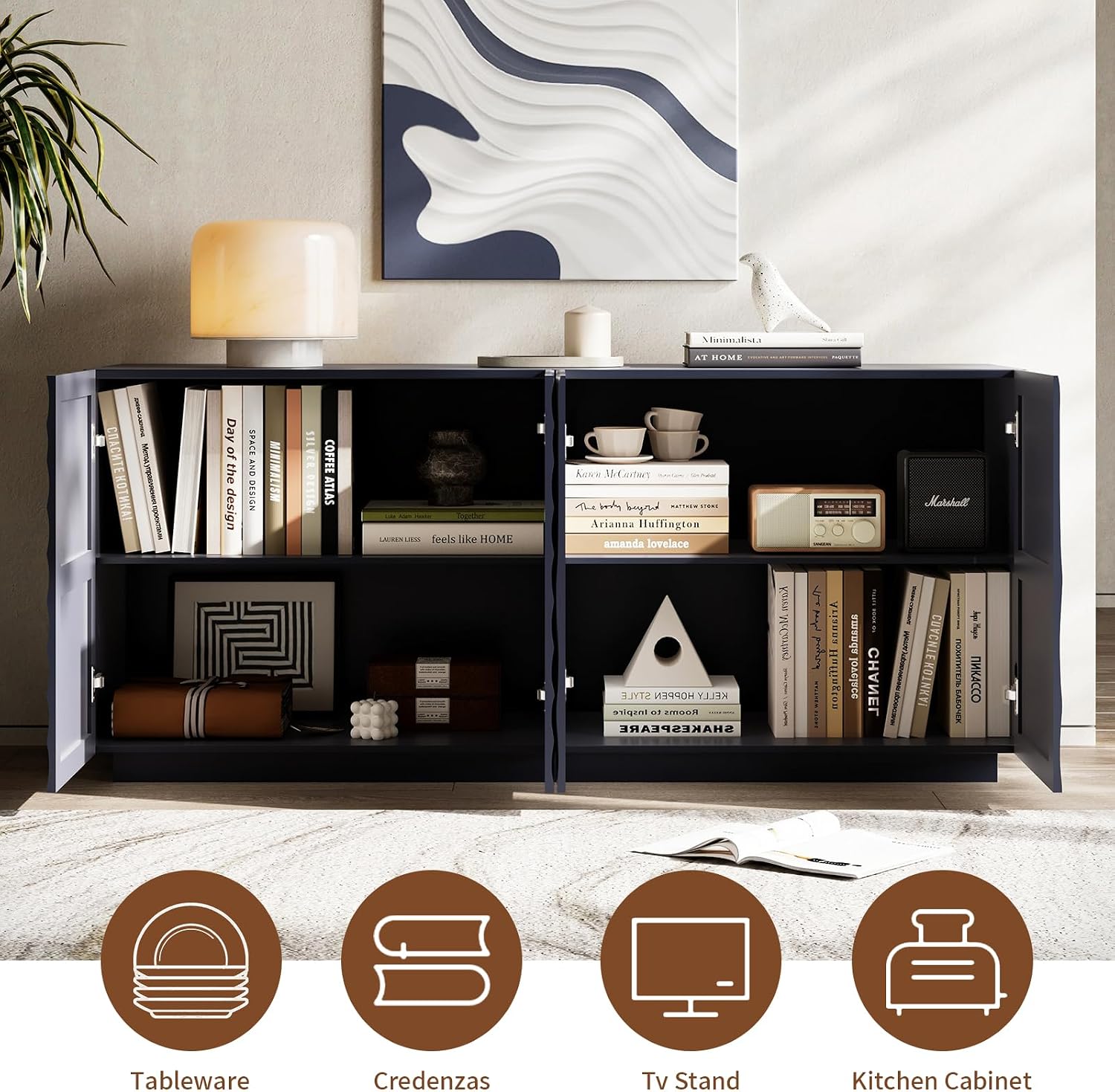 4 Door Modern Sideboard Buffet Cabinet with Spiral Grain, Accent Storage Sideboard Freestanding Anti-Dumping Storage Cabinet Buffet for Kitchen & Living Room (Navy Blue)