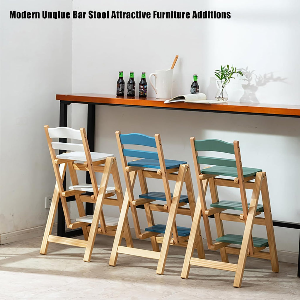 Folding Bar Stool 3 Step Ladder Stool,Solid Wood Counter Height Foldable Stool Tall Stool,Folding High Bar Stool Portable Step Stool Chair for Adults Kitchen Outdoor(21.5” X 15.7” X 34.6”, Beige)