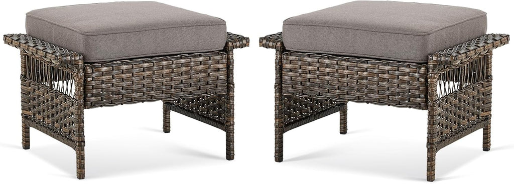 Patio Ottomans 2 Piece Outdoor Wicker Ottomans PE Rattan Footrest with Thickened Cushions Footstools for Garden Sunroom Deck Porch Balcony Poolside, Ottomans(2PCS), Brown|Grey