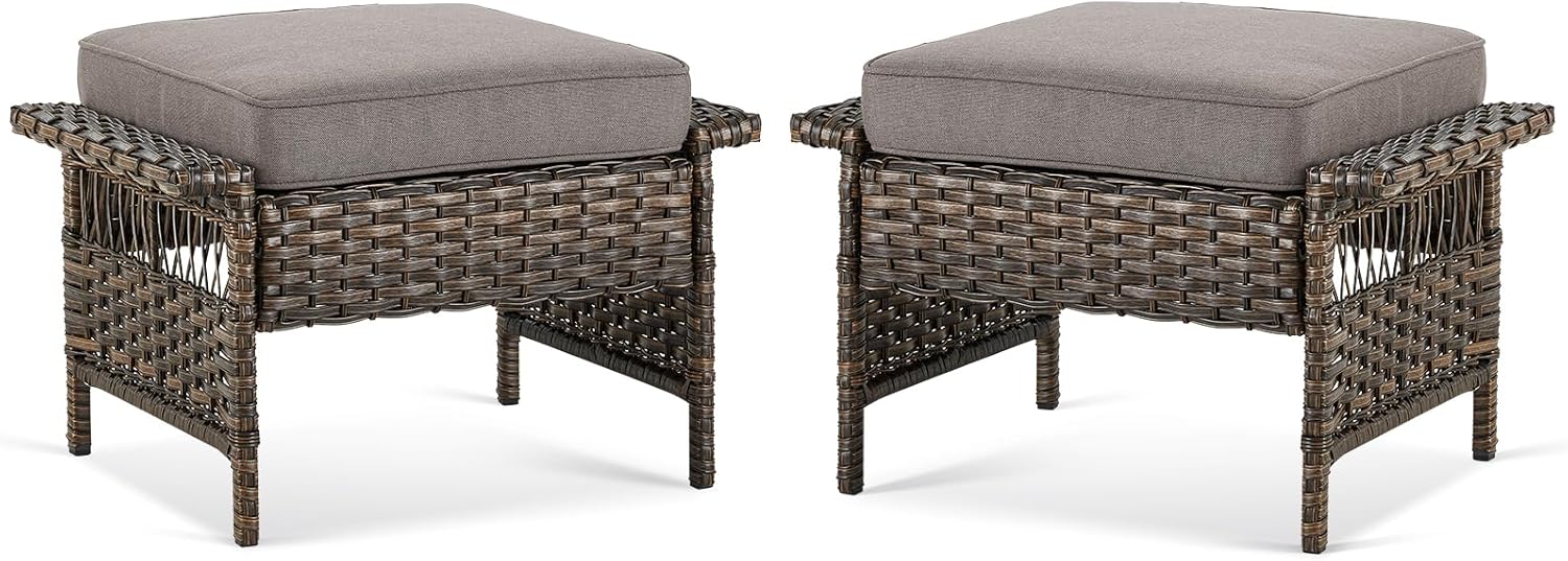 Patio Ottomans 2 Piece Outdoor Wicker Ottomans PE Rattan Footrest with Thickened Cushions Footstools for Garden Sunroom Deck Porch Balcony Poolside, Ottomans(2PCS), Brown|Grey