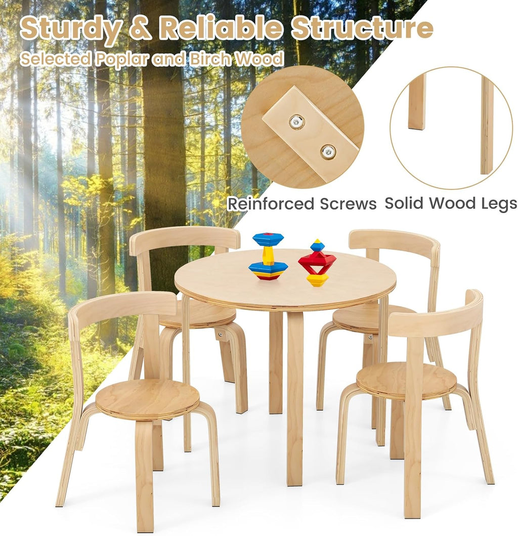 GLACER Kids Table and Chairs, Brich Round Toddler Table and Chair Set with Toy Bricks, Smooth Surfaces & Ergonomic Backrest, Activity Desk for Playroom, Classroom, Daycare, or Home Use (Natural)