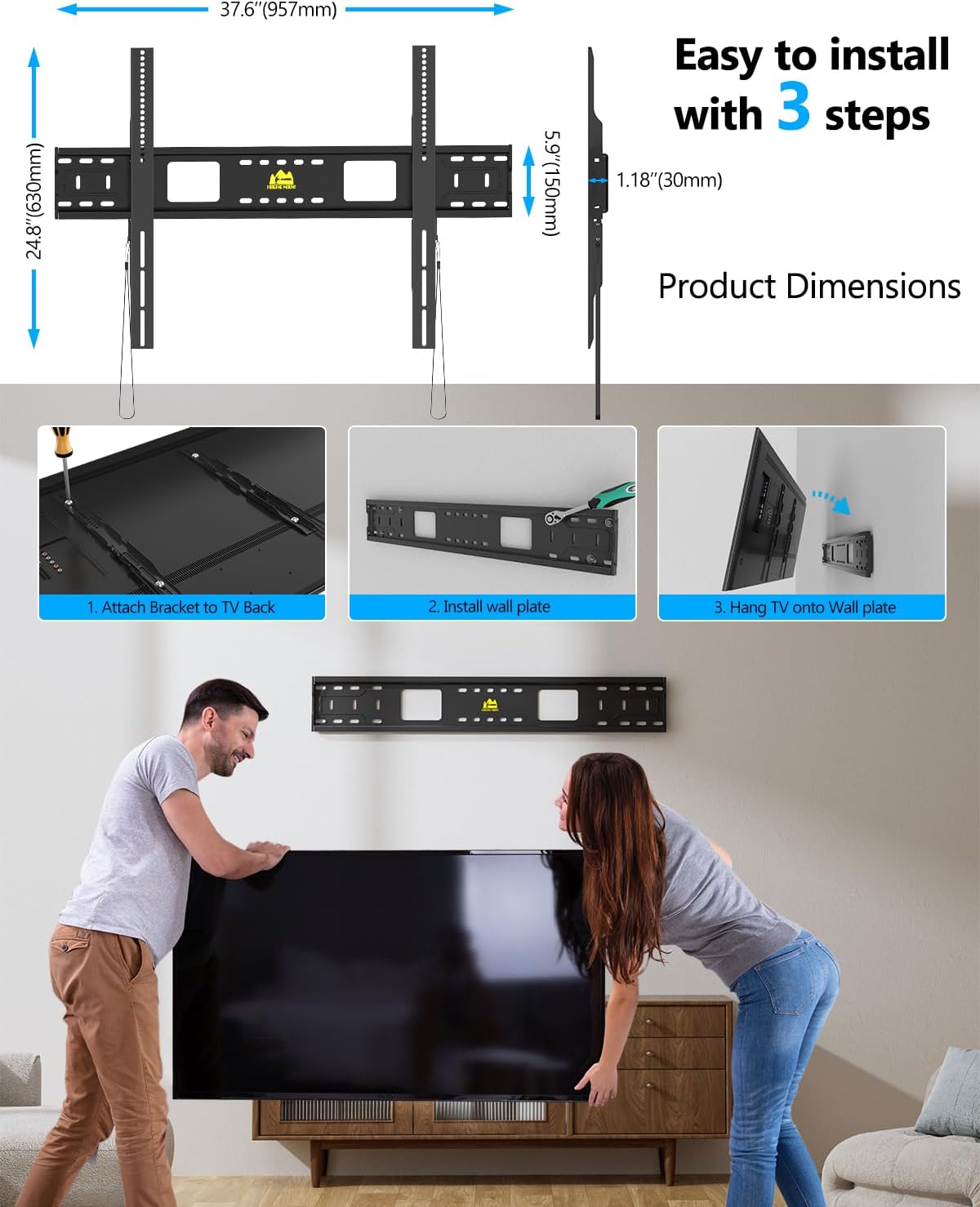 FORGING MOUNT Heavy Duty Fixed TV Wall Mount Holds up to 275Lbs for 50-120 inch TVs 3-Stud Low Profile TV Mount Ultra Slim Universal Bracket Fits 16"/18"/24" Studs MAX VESA 900x600mm- Easy DIY Install