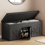 Homleke Shoe Storage Bench with Lift Top & 3 Barn Doors, Entryway Bench with Removable Cushion, Adjustable Shelf, Hidden Storage Cabinet for Hallway, Living Room, Bedroom - Black