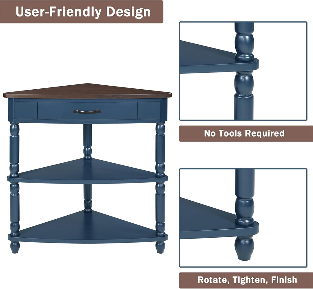 33.8'' Small Triangle Corner Table,3 Tier End Table with Open Shelf and Solid Wood Legs,Wood Corner Side Table with 1 Storage Drawer for Bedroom,Living Room,Small Spaces (Navy Blue-14)