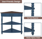 33.8'' Small Triangle Corner Table,3 Tier End Table with Open Shelf and Solid Wood Legs,Wood Corner Side Table with 1 Storage Drawer for Bedroom,Living Room,Small Spaces (Navy Blue-14)