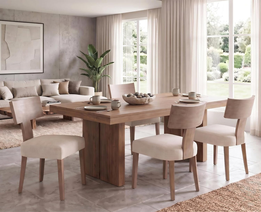 Linen Dining Chairs Set of 6 with Natural Wood Legs, Farmhouse Upholstered Side Chair with Curved Backrest for Living Room/Restaurant, Beige-Light Brown Legs