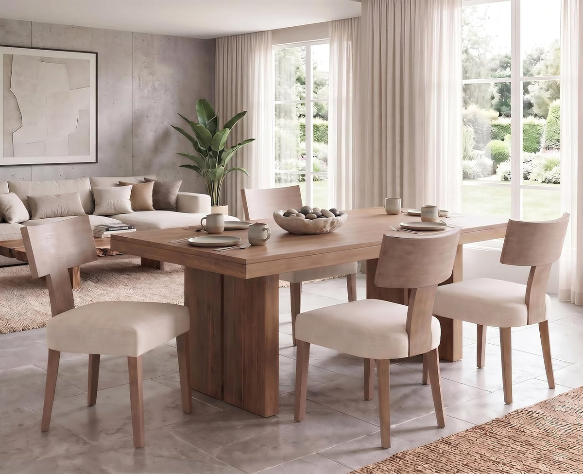 Linen Dining Chairs Set of 6 with Natural Wood Legs, Farmhouse Upholstered Side Chair with Curved Backrest for Living Room/Restaurant, Beige-Light Brown Legs