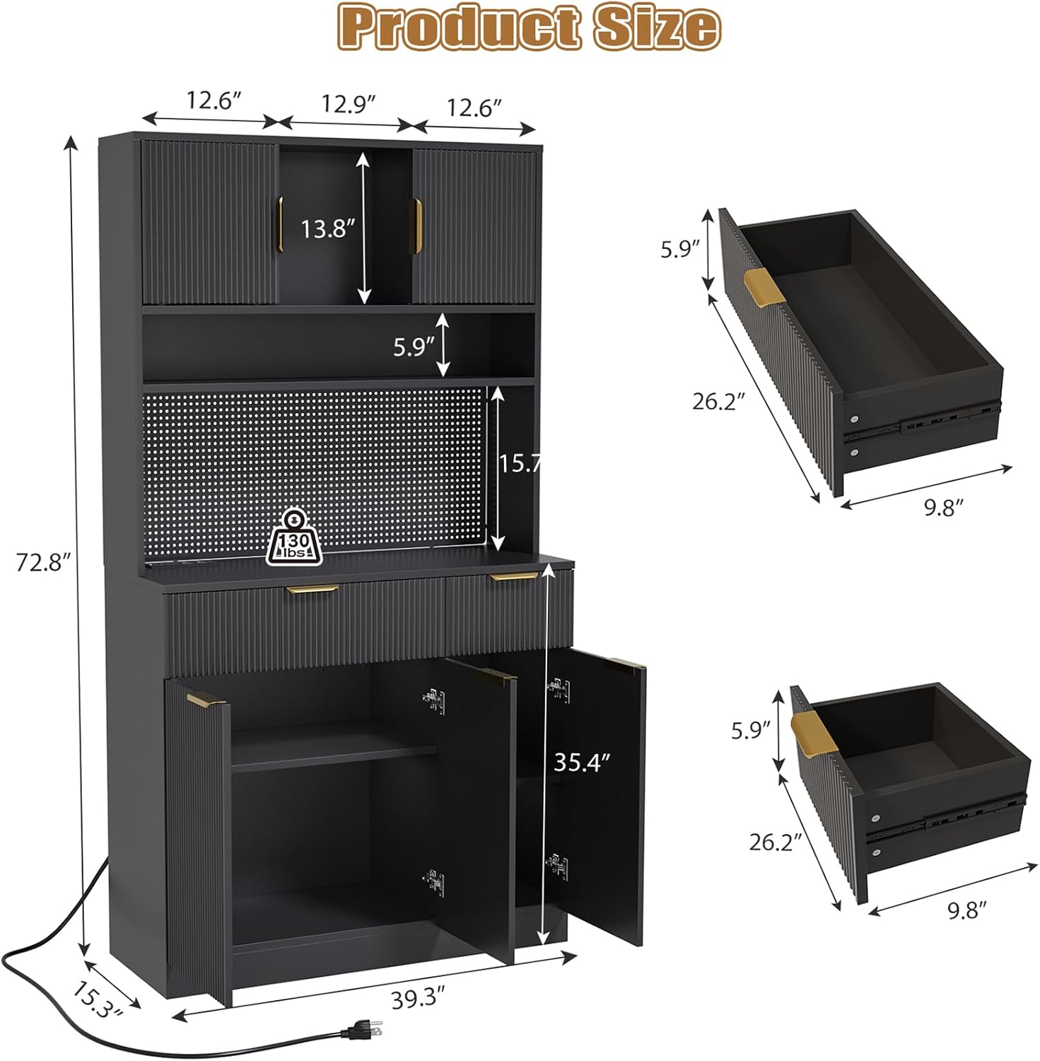 73" Tall Modern Kitchen Pantry Cabinet, Kitchen Hutch Bar Cabinet with Charging Station & DIY Pegboard, Wooden Storage Cabinets with Fluted Doors & Microwave Stand, Cupboard for Dining Room, Black