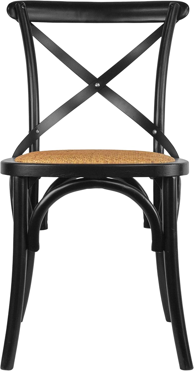 2xhome Wooden X Back Dining Chair | Woven Rattan Seat with Metal Cross Back | Rustic Farmhouse Kitchen Side Chair Fully Assembled (2, Black, Dining)