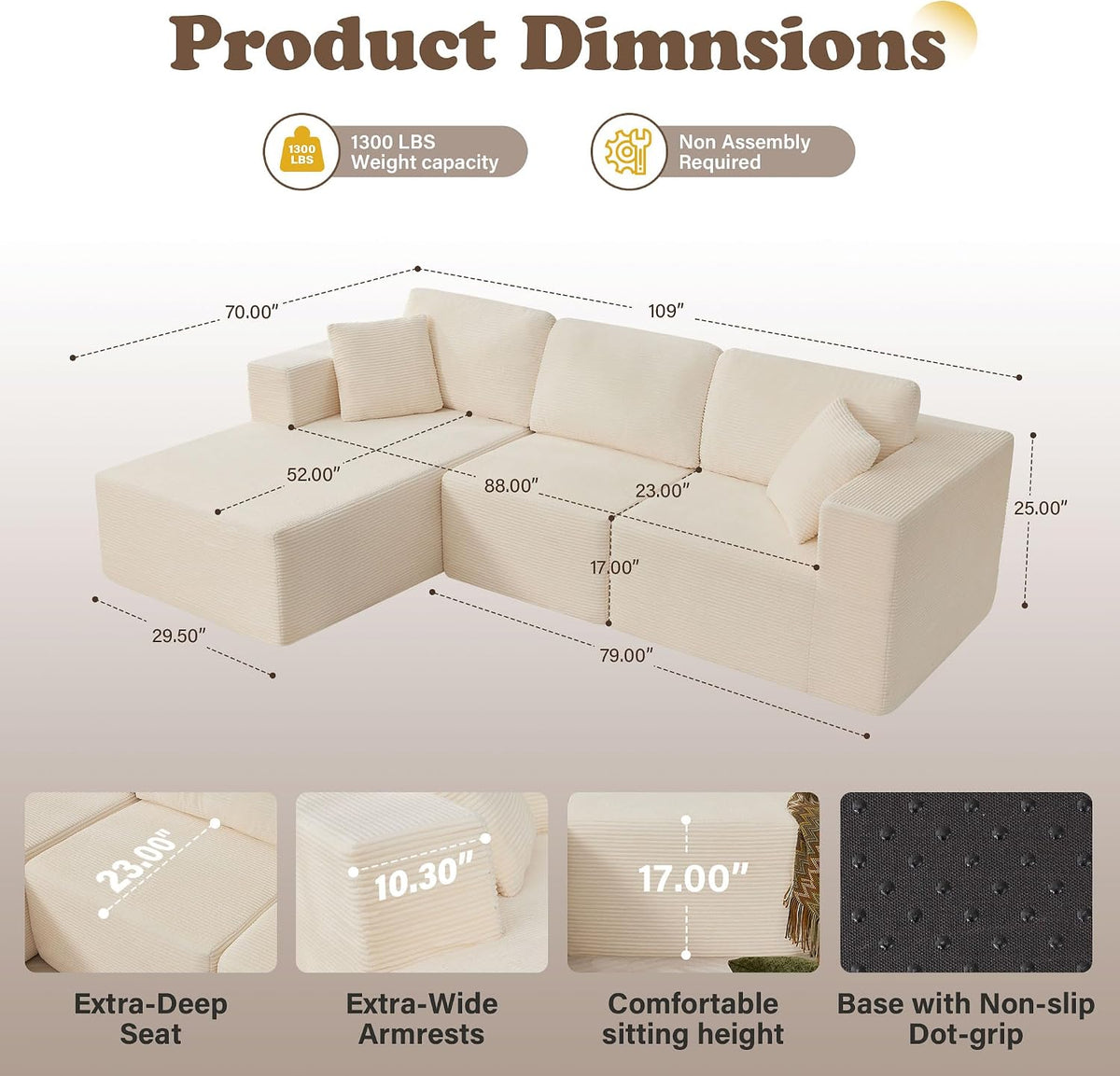 109” Cloud Sectional Couch, Modular Sofa with L-Shape Chaise, Deep Seat Corduroy Couch, No Assembly Required, Modern Upholstered Sectional for Living Room Apartment Bedroom