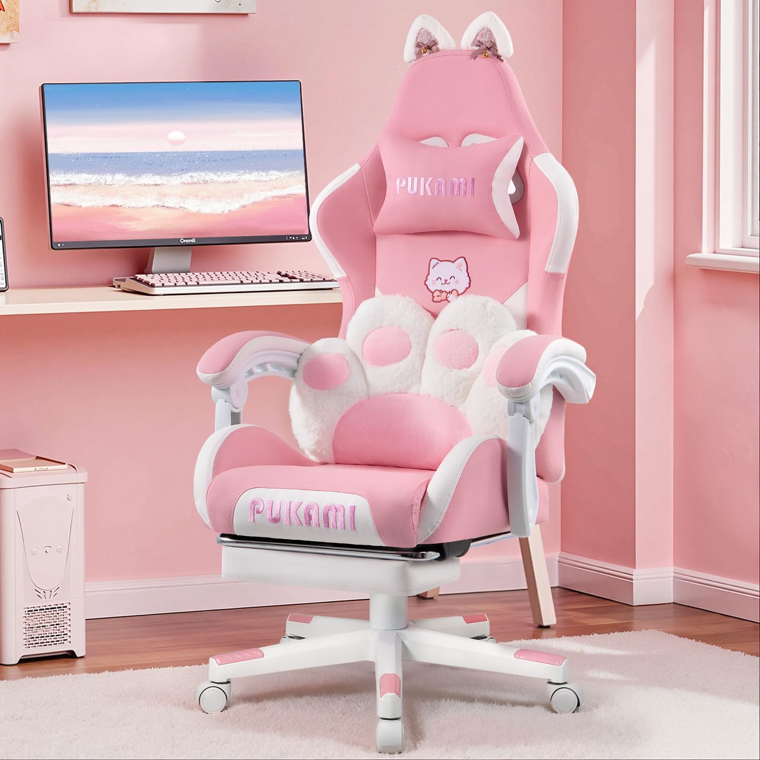 Pink Gaming Chair with Cat Ears & Footrest, Ergonomic Gaming Computer Desk Chair with Cat Paw Lumbar Support & Linked Armrests - Cute PU Leather Game Chair for Girls Adults