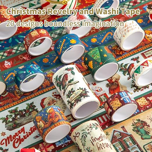 20 Rolls Christmas Theme Washi Tape Set, Writable Decorative Tapes for Scrapbooking, Bible Journaling, Bullet Journaling, 0.6"x79" per Roll