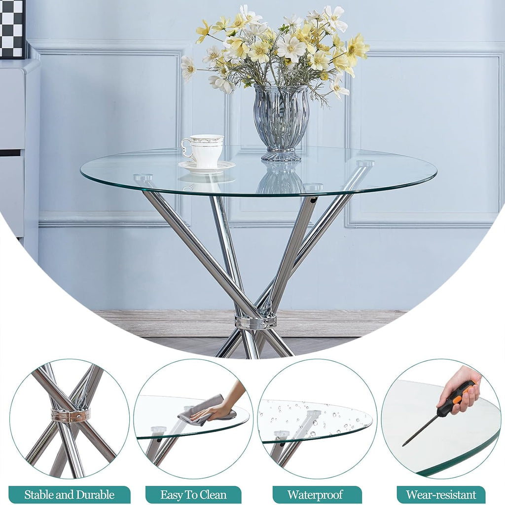 5 Pieces Round Dining Room Set for 4 Contemporary Glass Kitchen Table with 4 PU Chairs Set Compact Silver Legs Glass Table with Grey Chairs Set for Small Space/Apartment