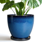 8 Inch Planter - Ceramic Plant Pot with Drainage Hole and Tray Round Planter Modern Flower Pot for Room Home Office Patio Porch Garden Decor Blue