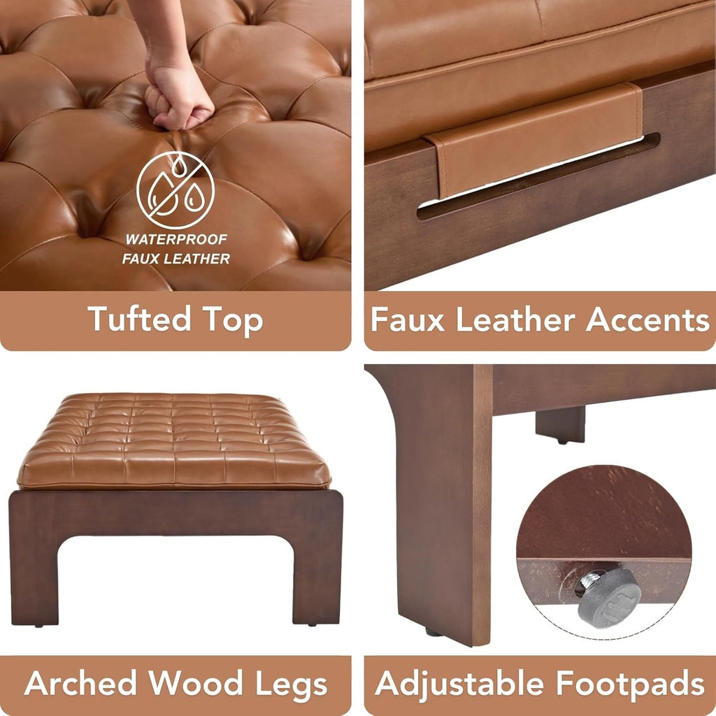 chairus 47.75" Large Rectangle Ottoman Coffee Table, Tufted Faux Leather Upholstered Living Room Coffee Table with Solid Wood Frame, Oversized Mid-Century Modern Footrest Ottoman, Brown PU