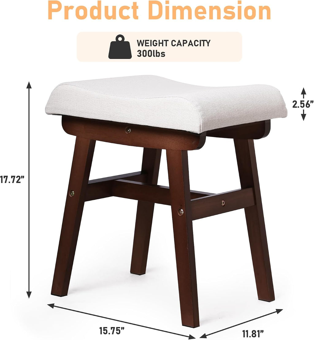 Vanity Stool with Linen Upholstery & Carved Solid Wood Legs | 17.7 Inch Compact Makeup Chairs with High Rebound Sponge Seat for Bedroom/Entryway/Home/Footstool
