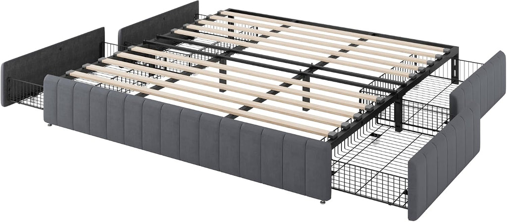 Allewie King Size Platform Bed Frame with 4 Large Storage Drawers, Velvet Vertical Channel Tufted Upholstered Bed Base, Wooden Slats Support, Noise-Free, No Box Spring Needed, Easy Assembly, Grey