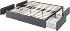 Allewie King Size Platform Bed Frame with 4 Large Storage Drawers, Velvet Vertical Channel Tufted Upholstered Bed Base, Wooden Slats Support, Noise-Free, No Box Spring Needed, Easy Assembly, Grey