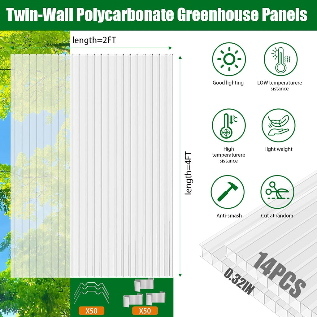 Polycarbonate Greenhouse Panels 14 Pack 4' x 2' x 0.32" Twin-Wall UV-Protected All Weather Plastic Roof Panel Clear Replacement Sheets for Garden Fences, Furniture DIY,Outdoor Roofing