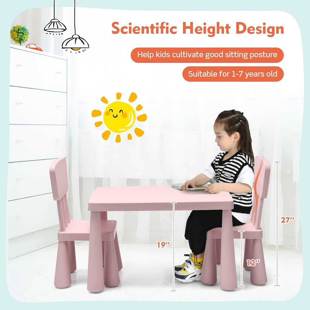 LDAILY Kids Table and Chairs, 3-Piece Children Activity Table for Drawing, Reading, Art Craft and Snack Time, Lightweight Plastic Toddler Table and Chair Set for Playroom, Daycare, Kindergarten (Pink)