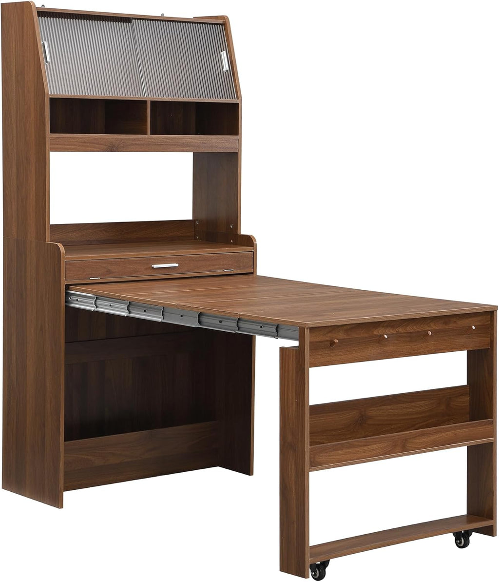 L-Shaped Kitchen Pantry with Hutch and Foldable Dining Table, Sideboard Buffet Cabinet with Sotrage Shelf and Side Hooks, Foldable Cupboard for Kitchen, Dining Room, Walnut
