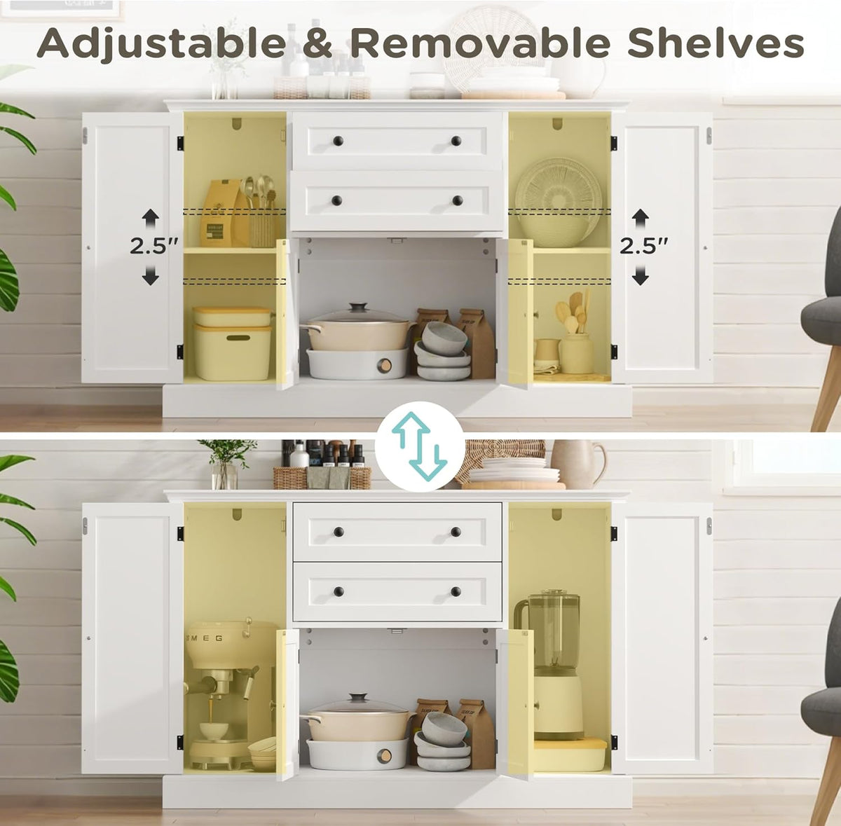 Farmhouse 47" Buffet Cabinet with Storage,Large Sideboard Buffet with Drawers and Adjustable Shelves, Rustic Coffee Bar Cabinet for Kitchen, White