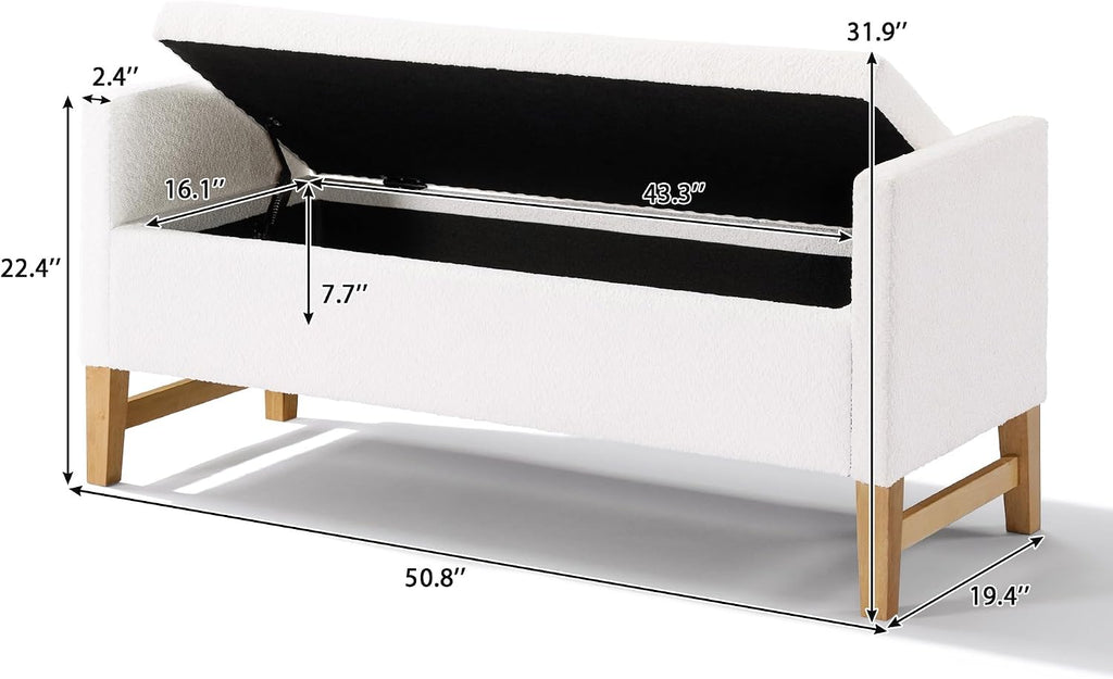 Merax Boucle Upholstered Storage Bench 50.8" End of Bed Bench with 2 Round Pillows & Solid Wood Legs, Ample Hidden Storage Space, Ottoman for Entryway Bedroom, Ivory