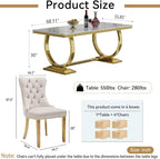 5 Pcs Dining Table Set, Kitchen and Dining Room Table Set for 4, 68" Rectangular White Faux Marble Dining Table with O-Shaped Gold Stainless Steel Base & Velvet Upholstered Beige Chairs