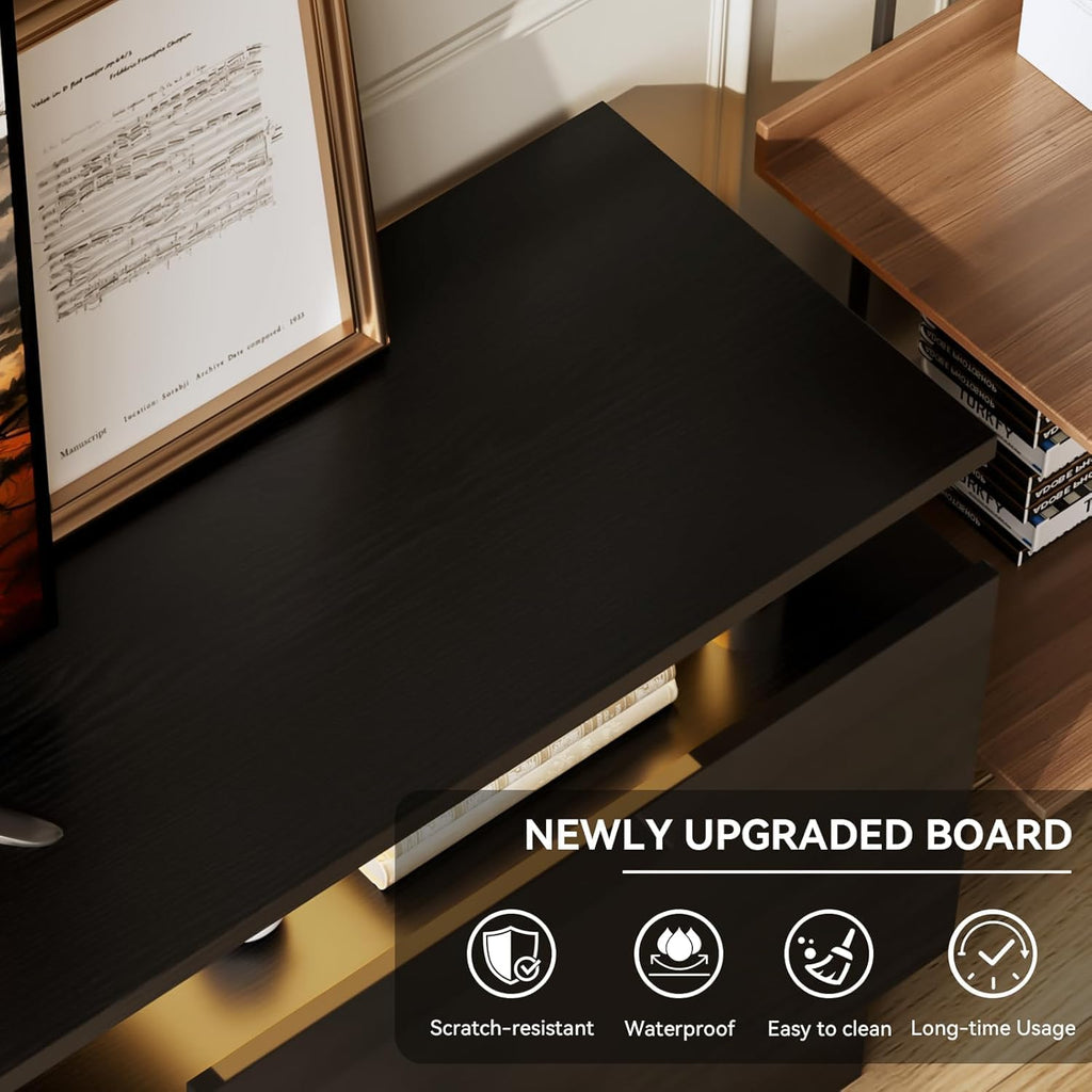 80" Fireplace TV Stand, 2-Tier LED Entertainment Center with 36" Fireplace, Fits TVs up to 90", Modern High Gloss TV Console with LED Lights & Storage Cabinets for Living Room, Black + Black