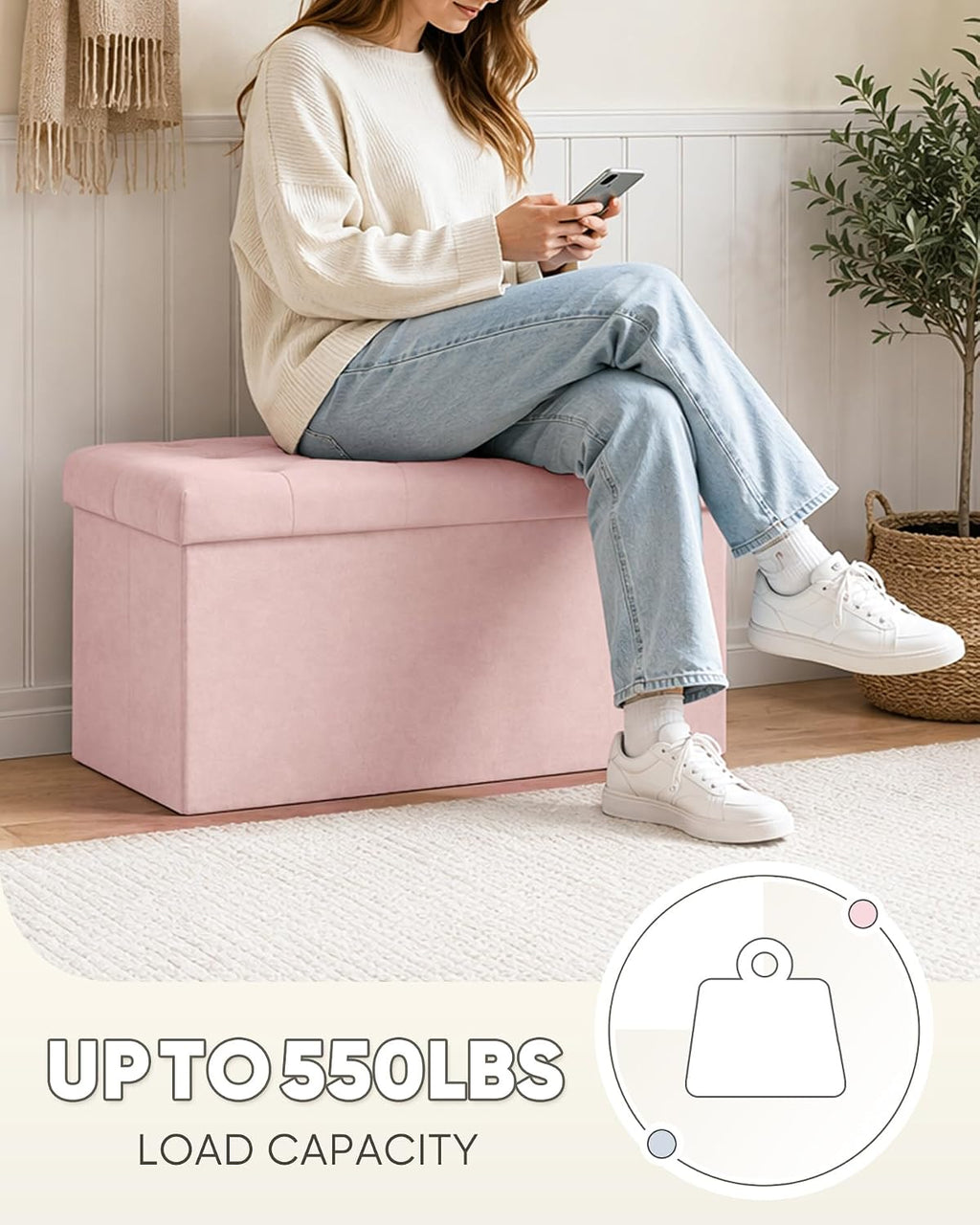 B FSOBEIIALEO Folding Storage Ottoman, Long Ottomans Shoes Bench, Velvet Storage Chest Footrest Seat 31.5"x15.7"x15.7" (Pink, Large)