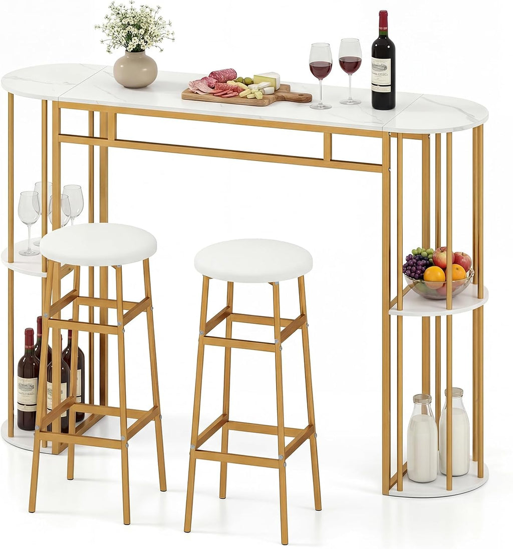 COSTWAY Bar Table Set for 2 with Storage Shelves, 60" Dining Table & 2 Upholstered Barstools with Faux Marble Tabletop, 3-Piece Bar Height Dining Set for Kitchen, Small Space (Golden & White)