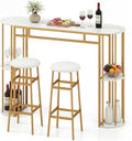 COSTWAY Bar Table Set for 2 with Storage Shelves, 60" Dining Table & 2 Upholstered Barstools with Faux Marble Tabletop, 3-Piece Bar Height Dining Set for Kitchen, Small Space (Golden & White)
