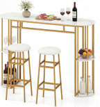 COSTWAY Bar Table Set for 2 with Storage Shelves, 60" Dining Table & 2 Upholstered Barstools with Faux Marble Tabletop, 3-Piece Bar Height Dining Set for Kitchen, Small Space (Golden & White)