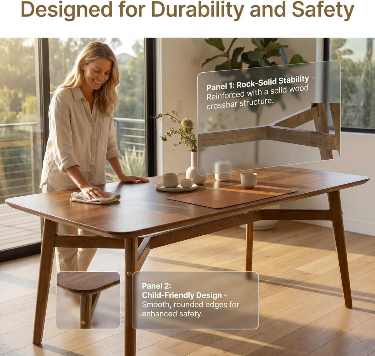 DUOMAY Modern Wooden Dining Table for 4-6 People, 59" Large Rectangular Dinner Table with Wood Legs for Home Dining Room Restaurant Farmhouse Kitchen, Brown