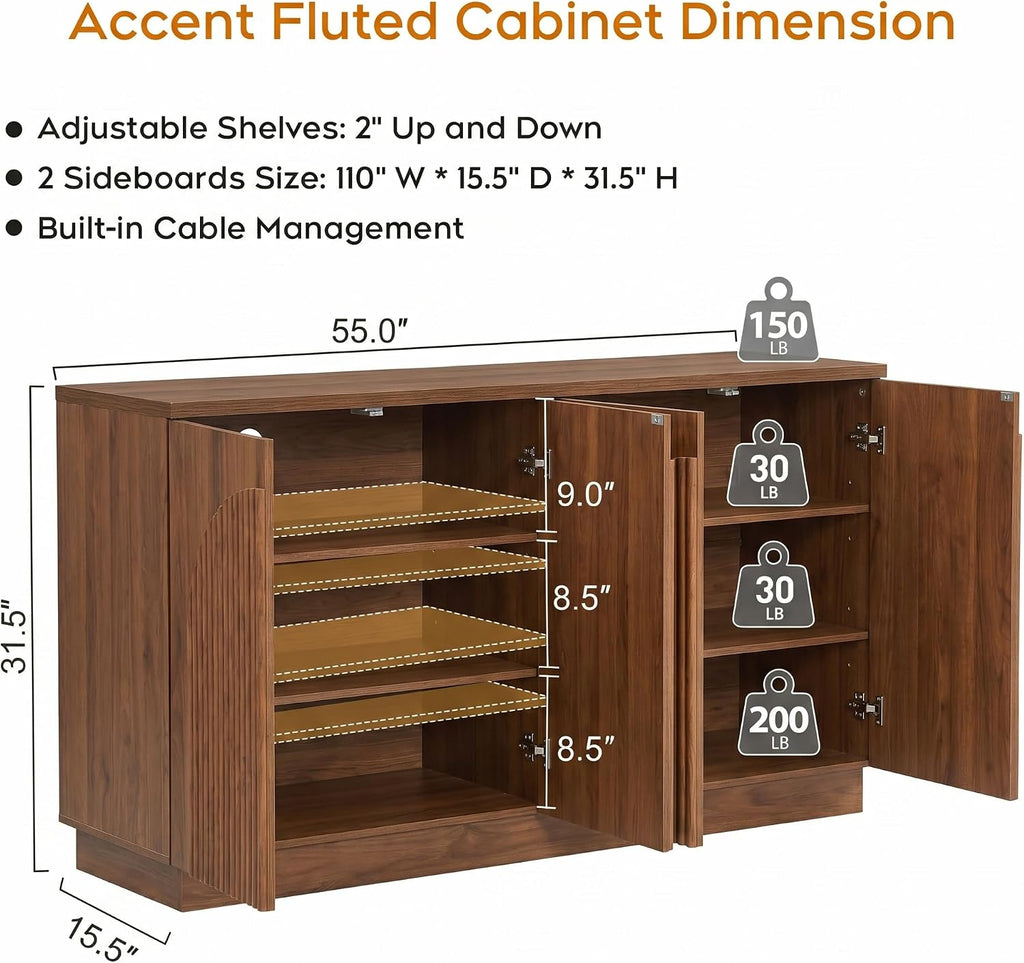 Yechen 110" Modular Fluted Sideboard Buffet Cabinet with Storage, Wood Mid Century Modern Credenza Cabinet w/Arched Reeded Doors & Adjustable Shelves for Kitchen, Living Room, Walnut