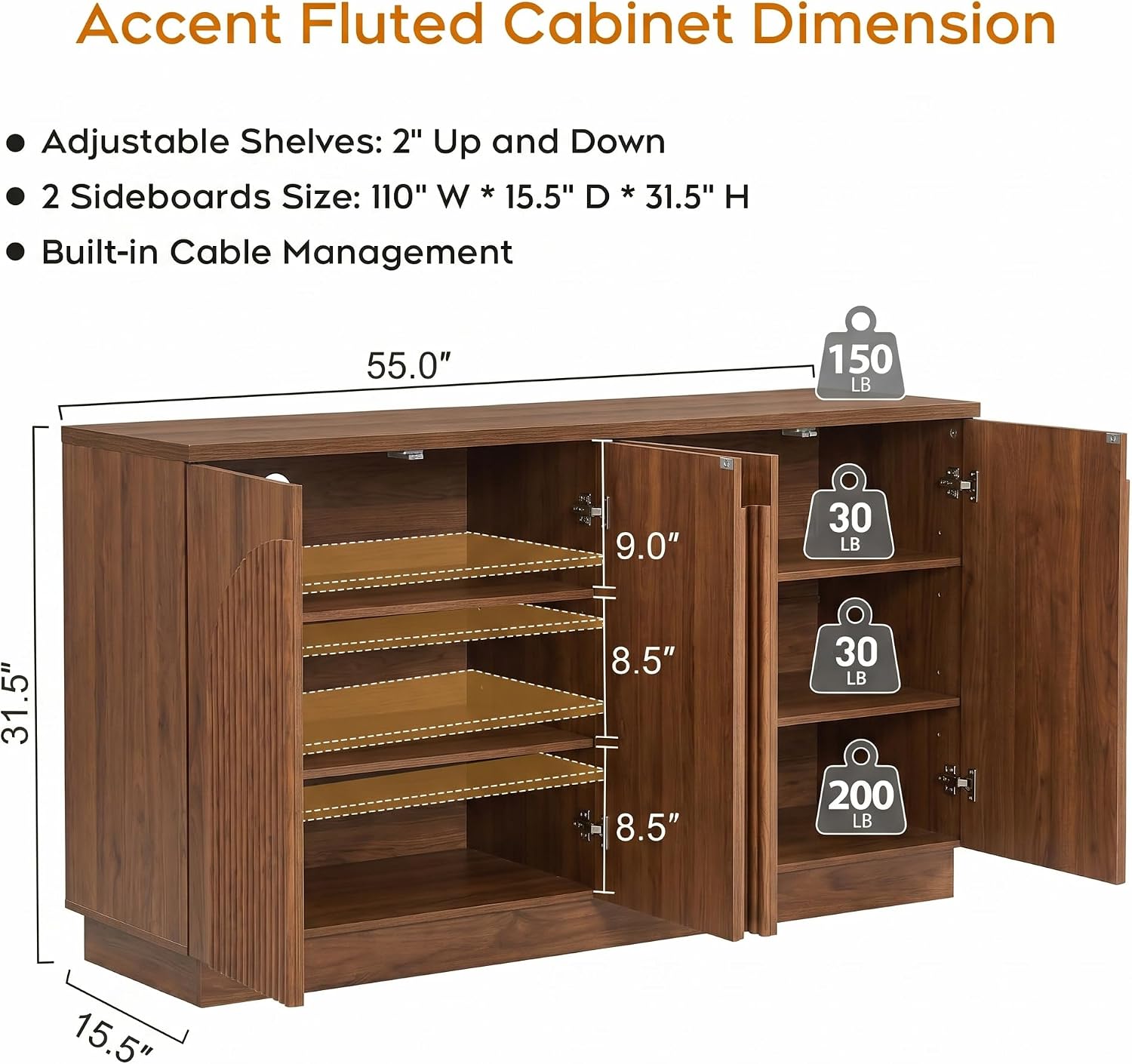 Yechen 110" Modular Fluted Sideboard Buffet Cabinet with Storage, Wood Mid Century Modern Credenza Cabinet w/Arched Reeded Doors & Adjustable Shelves for Kitchen, Living Room, Walnut
