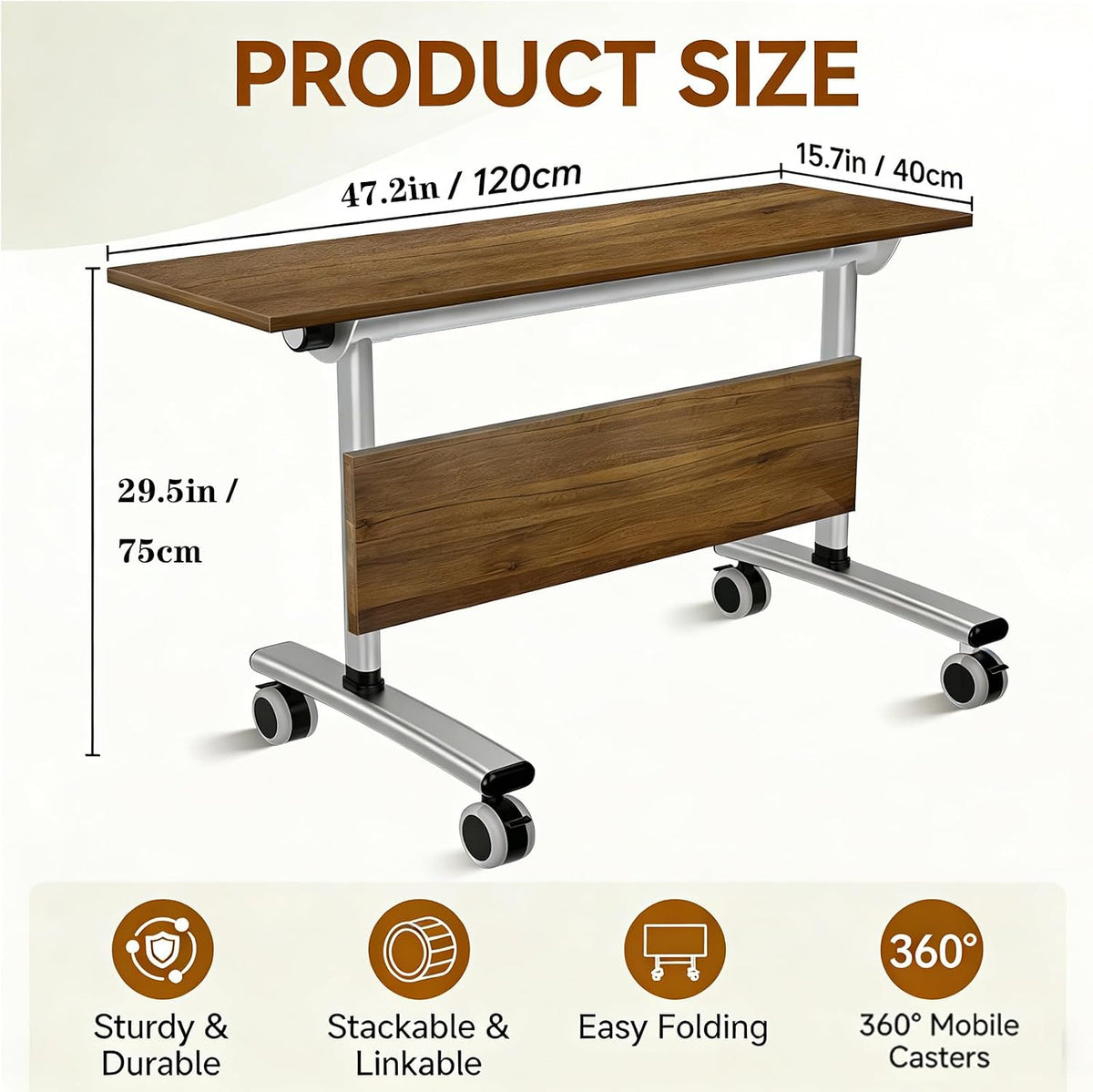 Folding Conference Table with Wheels, 47" Mobile Training Table, Flip Top Seminar Table for Office Classroom Meeting Room, Heavy Duty 440lbs Capacity, Space Saving Nesting Desk,2 Pack,47IN