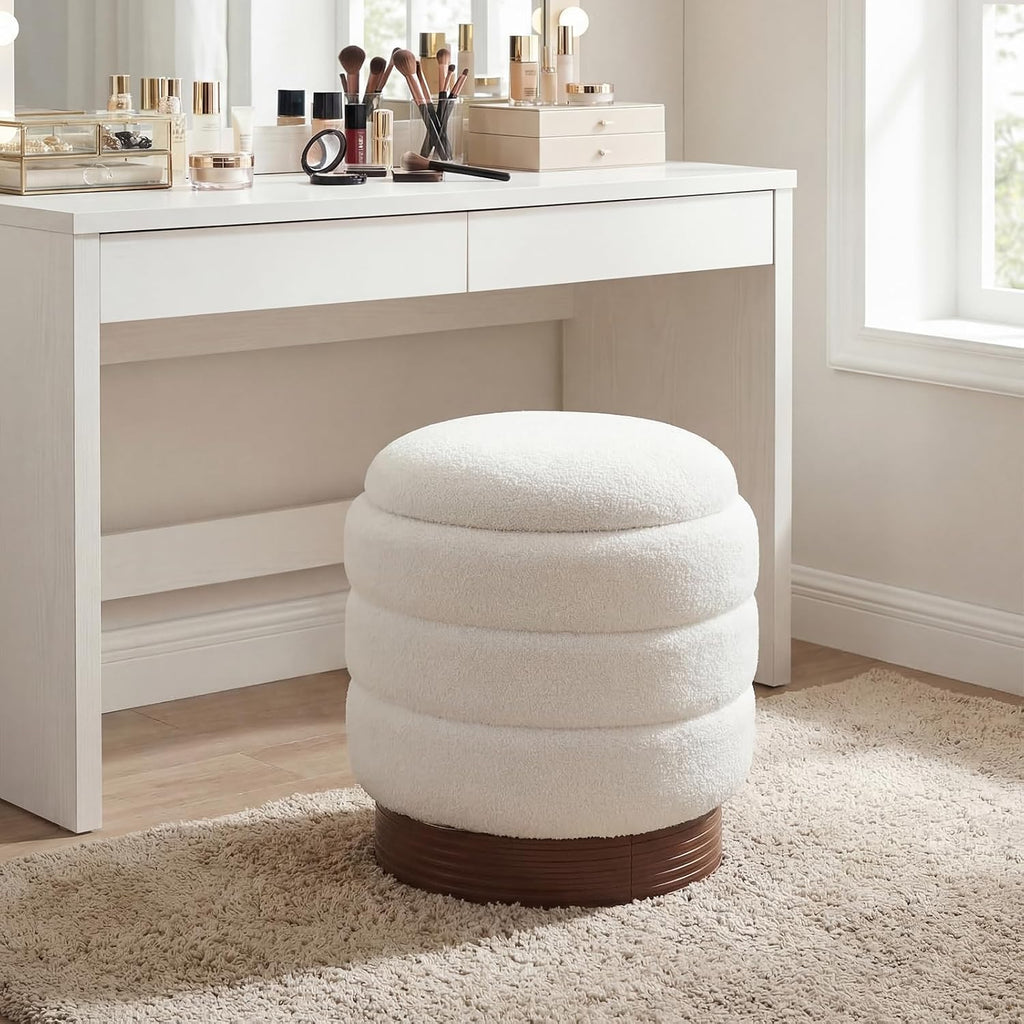 Giantex Round Ottoman with Storage, 360° Swivel Boucle Vanity Stool with Removable Lid, No Assembly Ottoman Foot Rest for Living Room, Bedroom, Makeup Room (White & Brown)