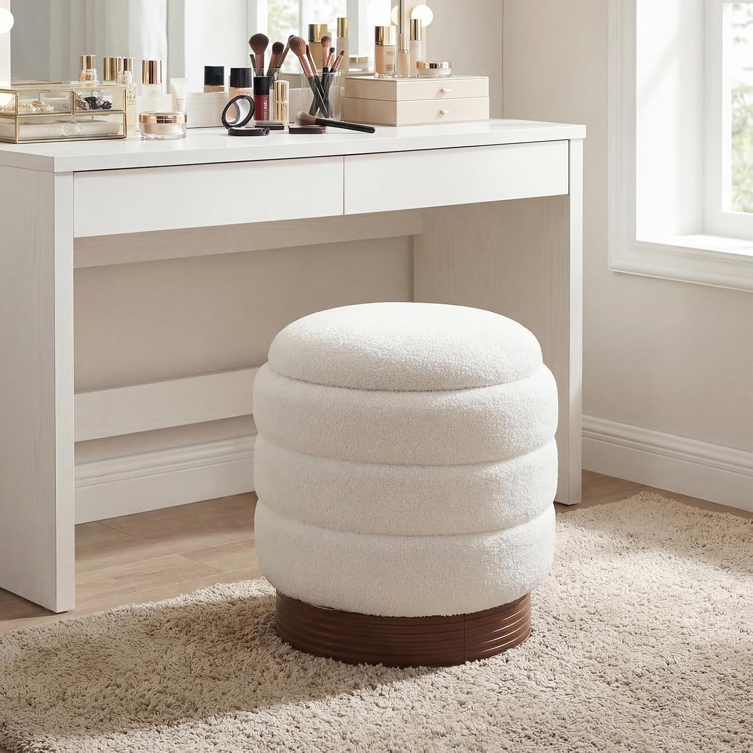 Giantex Round Ottoman with Storage, 360° Swivel Boucle Vanity Stool with Removable Lid, No Assembly Ottoman Foot Rest for Living Room, Bedroom, Makeup Room (White & Brown)