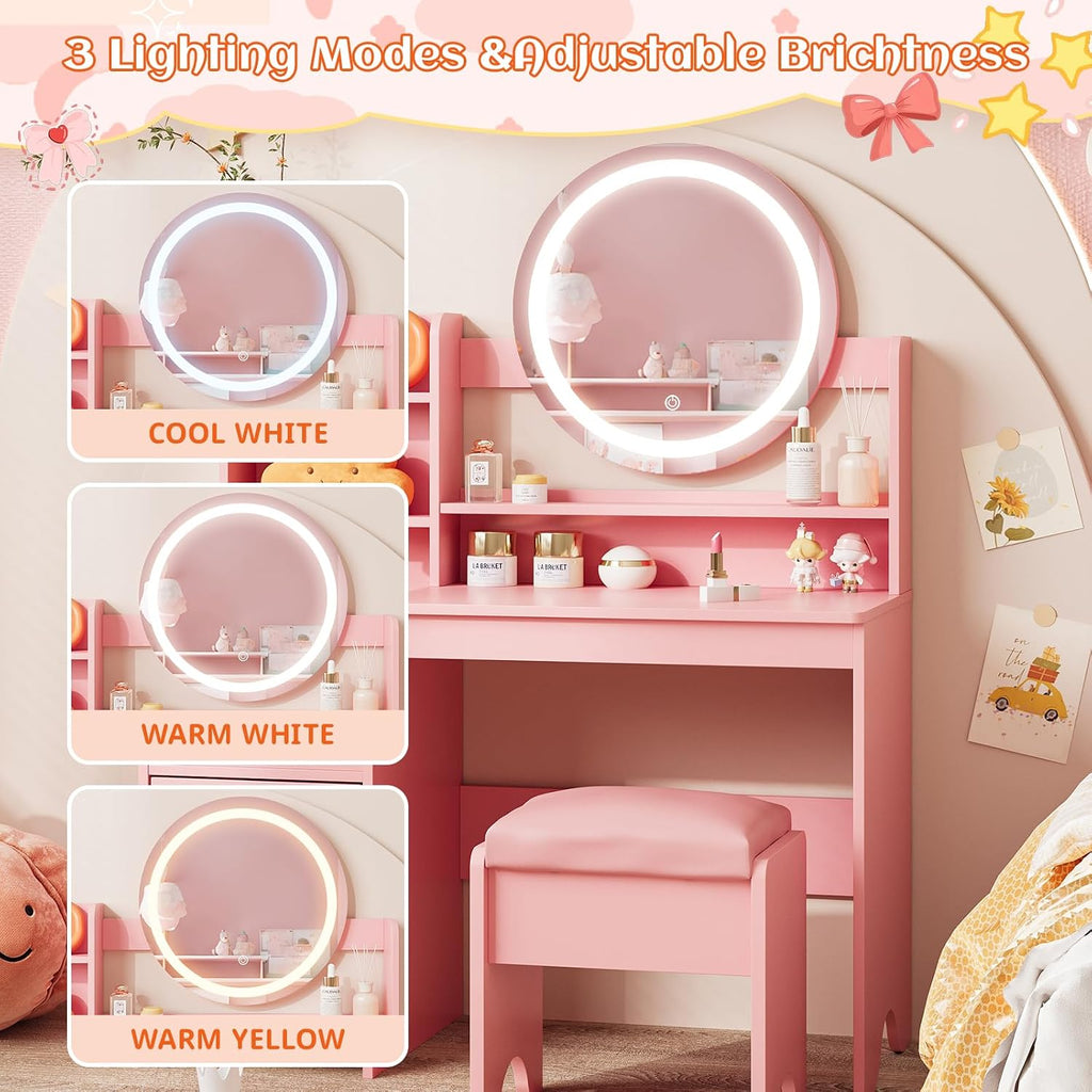 Vabches Kids Vanity with Lights, Toddler Vanity Table and Chair Set | Princess Makeup Vanity Desk with Open Bookshelf, Storage Cabinet & Shelves, Pretend Play Vanity Set for Little Girls, Pink