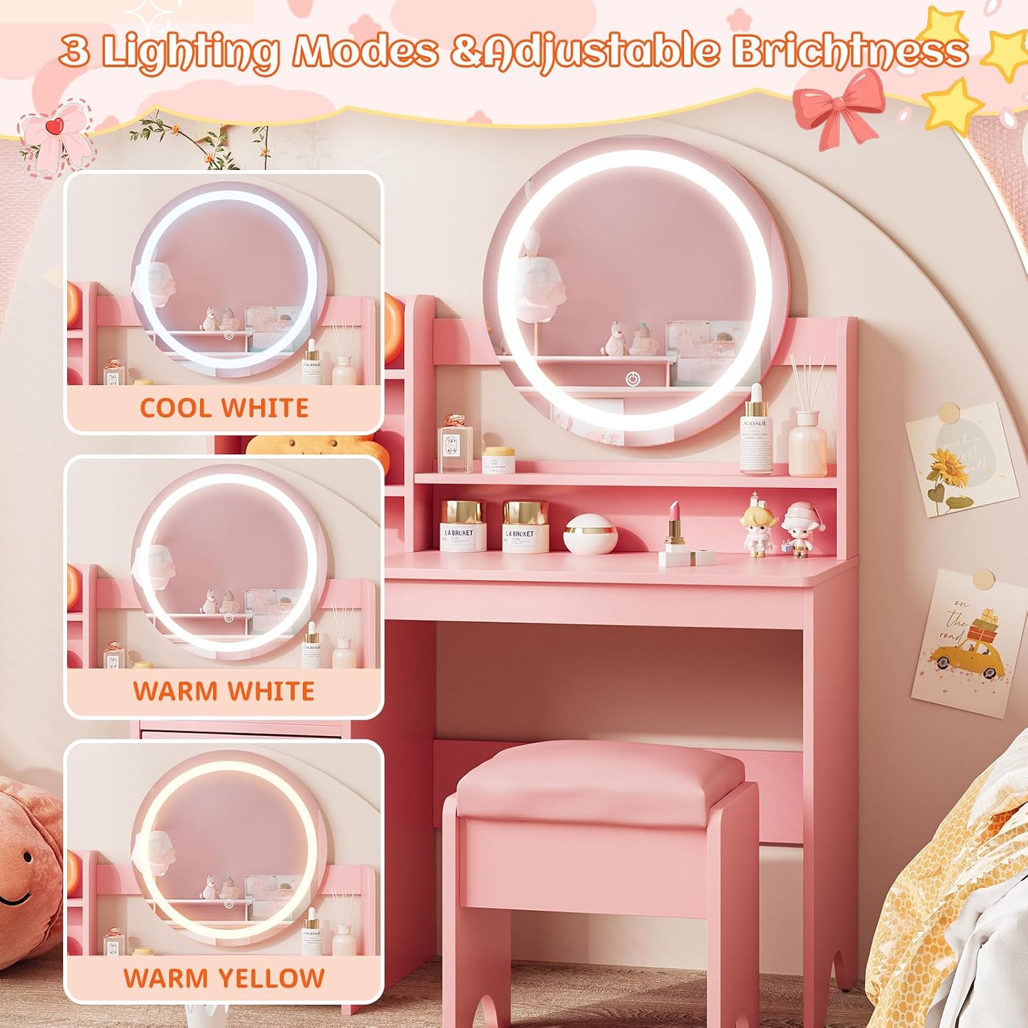 Vabches Kids Vanity with Lights, Toddler Vanity Table and Chair Set | Princess Makeup Vanity Desk with Open Bookshelf, Storage Cabinet & Shelves, Pretend Play Vanity Set for Little Girls, Pink