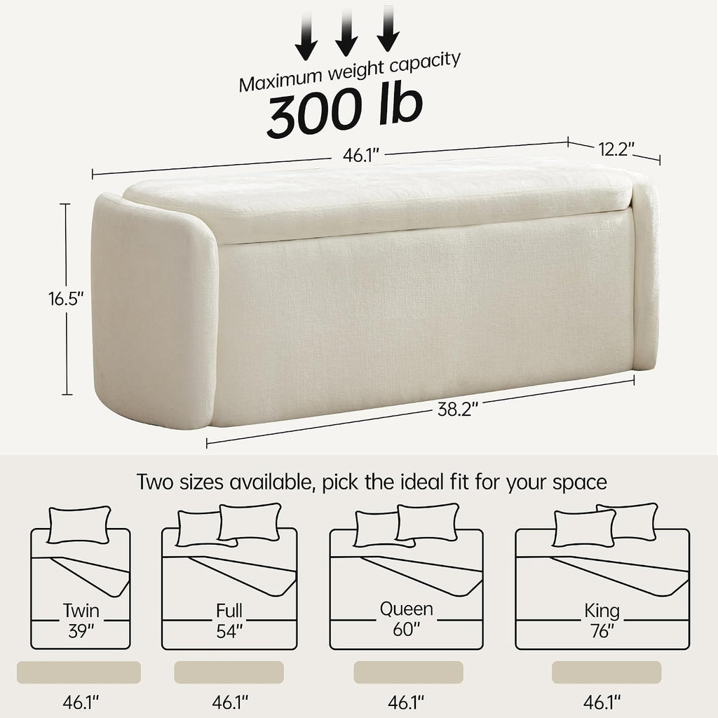 VKNOW Storage Bench, Upholstered Storage Ottoman Bench with Hinge, Cream | Ottoman Bench with Large Capacity, Curved Frame, Soft Fabric, Storage Bench for Bedroom, Living Room, Entryway