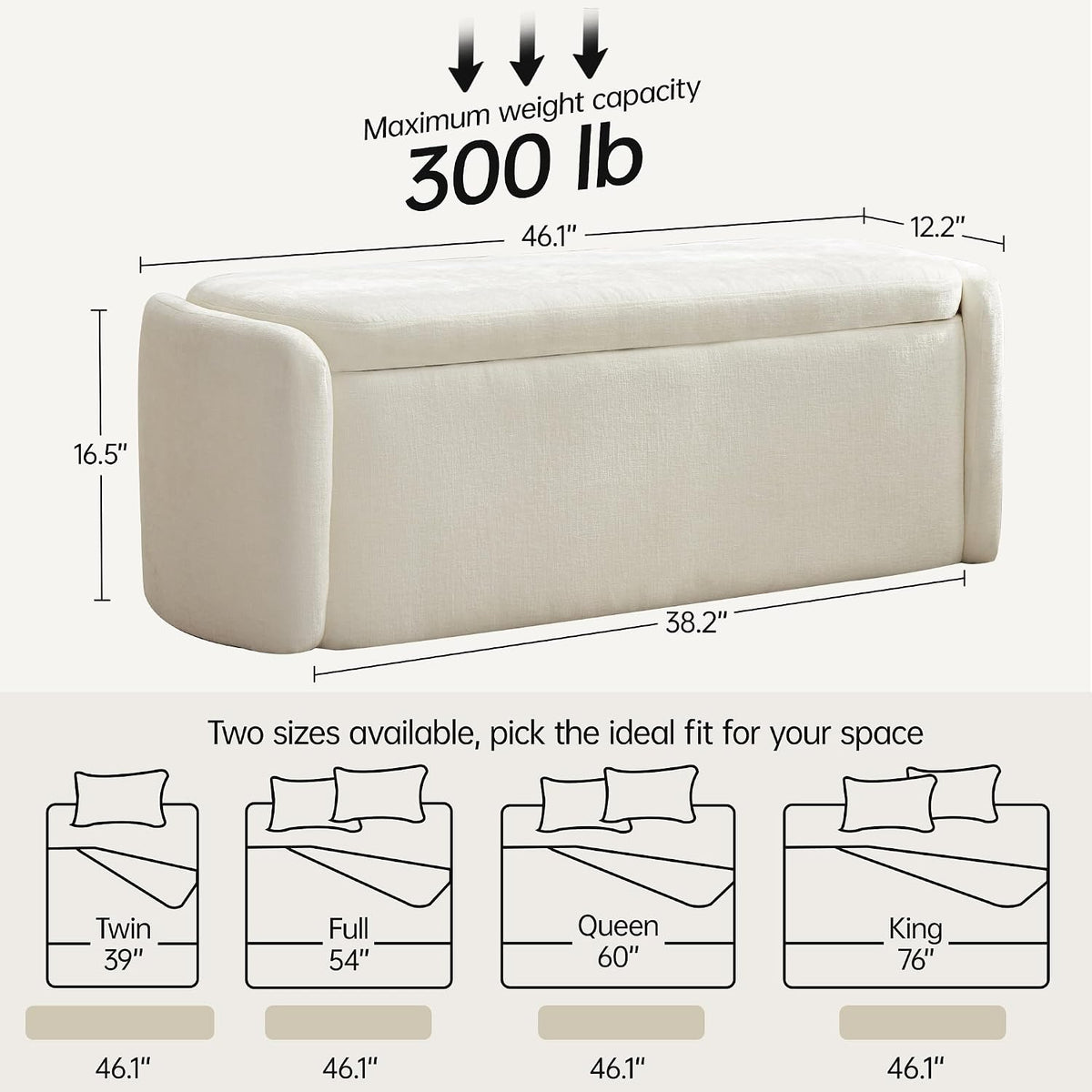 VKNOW Storage Bench, Upholstered Storage Ottoman Bench with Hinge, Cream | Ottoman Bench with Large Capacity, Curved Frame, Soft Fabric, Storage Bench for Bedroom, Living Room, Entryway